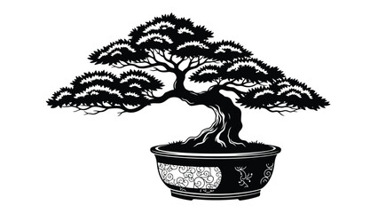 Black silhouette of bonsai tree in decorative pot vector illustration isolated on white background