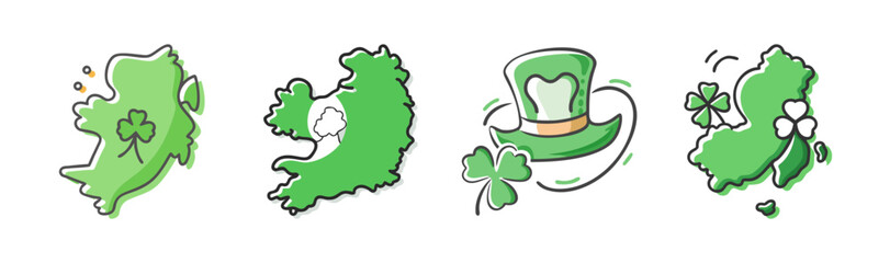 Illustrations of ireland's map, shamrock, and leprechaun hat for st. patrick's day celebration