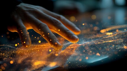 Close-up of a hand interacting with glowing digital data streams.