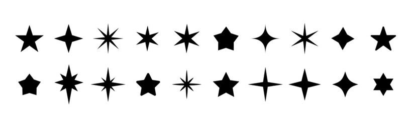 Stars icon collection. Different star shapes. Black stars icon set.  Sparkle star icon set. Vector illustration
