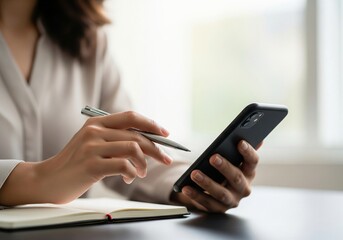 Business woman using smartphone searching the information during online working on laptop computer and digital tablet at home office. Freelancer using mobile phone surfing the internet
