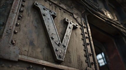Close-up of a large, weathered metal letter V on an old industrial surface.