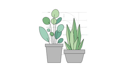 Stylized illustration of two potted houseplants, featuring a succulent and a leafy plant with geometric background elements for botanical study and home decor inspiration.