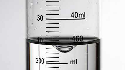 Detailed view of a scientific graduated cylinder containing clear liquid with volume markings.
