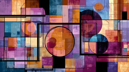 Abstract geometric background with overlapping circles, squares, rectangles in vibrant blue purple red shades, featuring distressed grunge texture, modern digital artwork for creative design projects