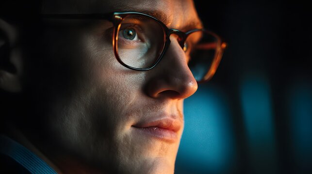 Close-up of a man wearing glasses illuminated by screen light.
