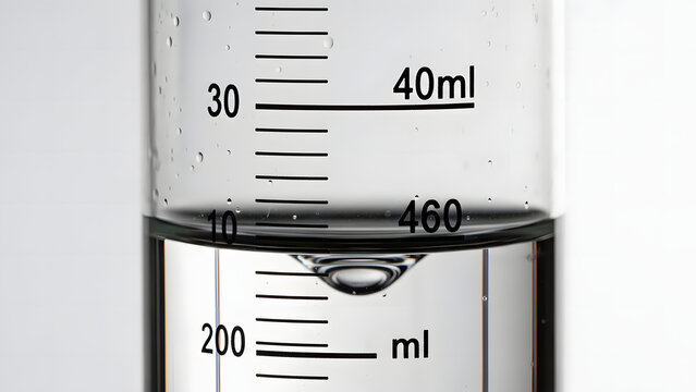 Detailed view of a scientific graduated cylinder containing clear liquid with volume markings.