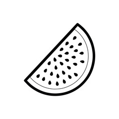 Simple black and white outline illustration of a refreshing watermelon slice with seeds, perfect for summer designs, healthy eating, and fruit-themed projects.