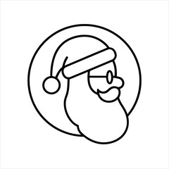 Minimalist line art illustration of Santa Claus head in a circle, featuring his hat, glasses, and long beard. Perfect for Christmas and holiday designs.