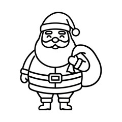 Simple line art illustration of a cheerful Santa Claus holding a sack of gifts, perfect for festive holiday designs and Christmas projects.