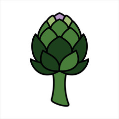 Fototapeta premium Vibrant cartoon artichoke illustration with green leaves and a purple tip, perfect for healthy eating, cooking, or garden-themed designs.