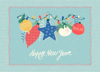 Merry Christmas and New Year card in a decorative frame trend of the year for festive projects, logos, stickers, invitations, scrapbooking, wall posters, social media, home, crafts and goods