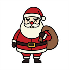 Jolly cartoon Santa Claus in a red suit, smiling and carrying a brown sack full of gifts, perfect for festive Christmas and holiday designs.