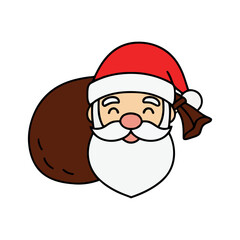 Cheerful cartoon Santa Claus head with a festive red hat and a large brown gift sack, perfect for Christmas, holidays, and seasonal designs.