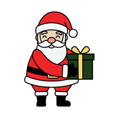 Cheerful cartoon Santa Claus in his classic red suit, happily holding a festive green gift box with a yellow ribbon. Perfect for Christmas and holiday designs.