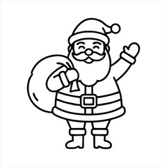 Cheerful line art of Santa Claus waving and carrying a sack of gifts. Perfect for Christmas, holiday designs, and festive season illustrations.