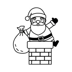 Cheerful Santa Claus illustration emerging from a chimney with a sack of gifts, waving happily. Perfect for Christmas, holidays, and festive designs.