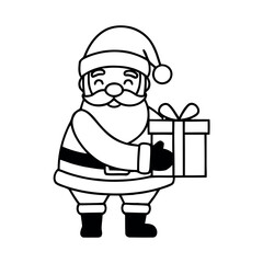 Cute Santa Claus outline illustration, smiling and holding a wrapped gift box. Perfect for Christmas, holiday designs, and festive greetings.
