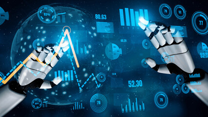 This image features futuristic robotic hands engaging with various digital graphs and charts, symbolizing the synergy between artificial intelligence and data analysis in modern technology. Xenic