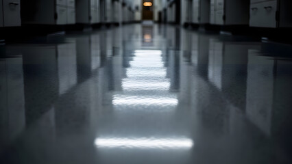 A modern, long, and reflective corridor with a polished floor mirroring bright lights and receding rows of storage units.