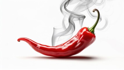 Vivid red pepper with green stem and wisps of smoke rising from it against a clean white backdrop