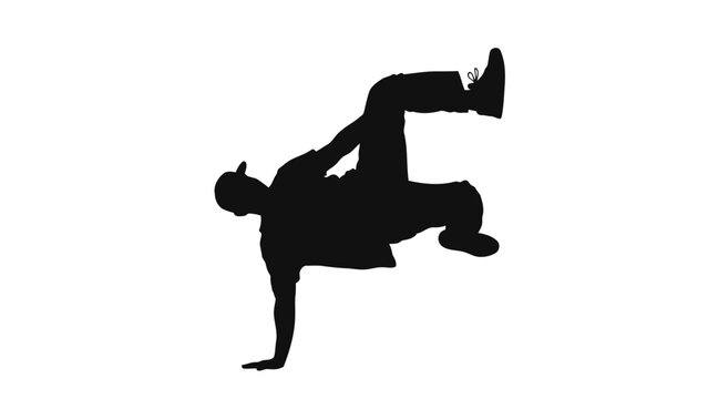 Silhouette of a man breakdancing on one hand with legs in the air isolated on white background