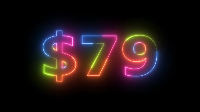 Neon light glowing dollar 79 on black background