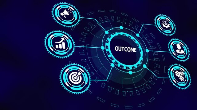 Business outcome concept with digital icons highlighting measurable results, analytics evaluation, performance impact, and strategic execution systems.