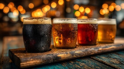 Close-up of a beer flight sampler shows four glasses ranging from stout to ale on a wooden bar counter with a blurred taproom background.