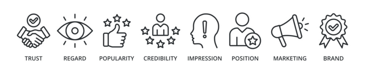Reputation management banner icon with trust, regard, popularity, credibility, impression, position, marketing, brand
