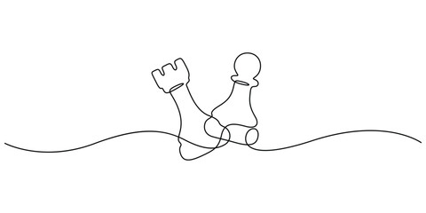 Continuous line art illustration featuring two chess pieces, a rook and a pawn.  The pieces are leaning into each other, suggesting a battle or strategic encounter