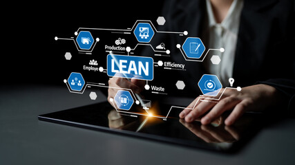A professional interacts with a digital tablet showcasing lean management principles through holographic icons, emphasizing efficiency and waste reduction in business practices. Tessel