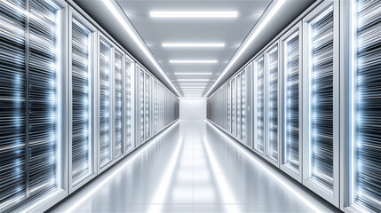 Bright futuristic data center corridor with server racks and symmetry, representing cloud computing, secure IT infrastructure, hosting, storage, and high-performance networks.