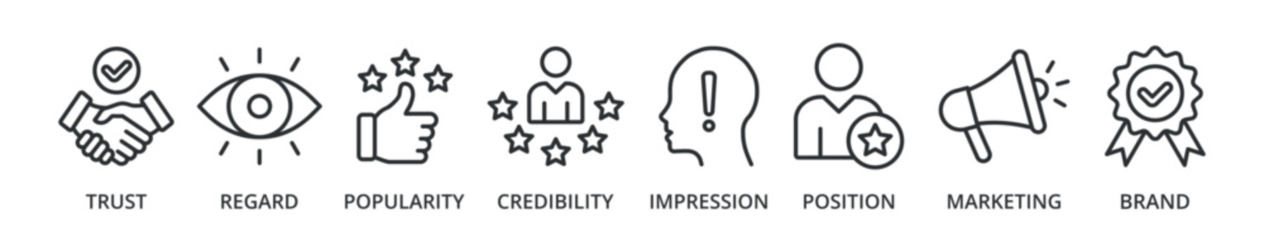 Reputation management banner icon with trust, regard, popularity, credibility, impression, position, marketing, brand