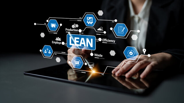 A professional interacts with a digital tablet showcasing lean management principles through holographic icons, emphasizing efficiency and waste reduction in business practices. Tessel