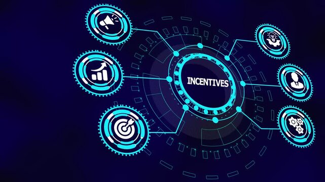 Business incentives concept with digital icons illustrating motivation drivers, performance analytics, reward alignment, and productivity enhancement systems.