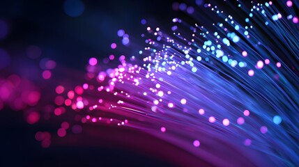 Fototapeta premium Close-up of glowing fiber optic strands with bokeh effect.