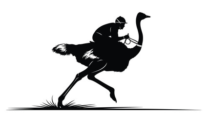 Silhouette of jockey riding ostrich in minimalist vector style isolated on white background