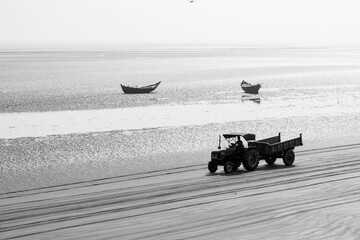 Small Fishing Boats and Fish Truck Waiting for High Tide on Indian Coast