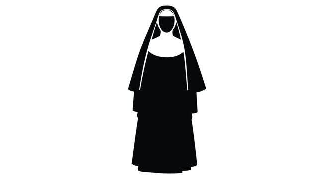 Black silhouette of a nun in a traditional habit with veil against a isolated on white background