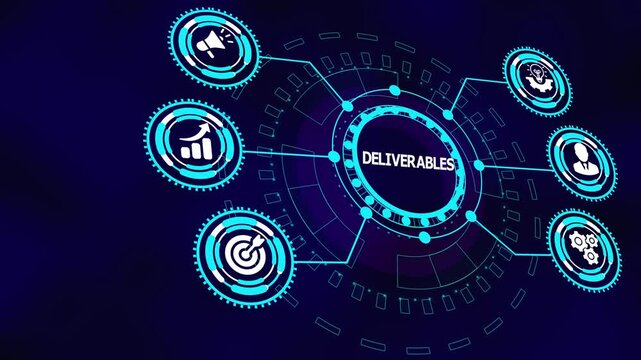 Business deliverables concept with digital icons showing execution outputs, analytics tracking, quality control, and structured performance delivery systems.