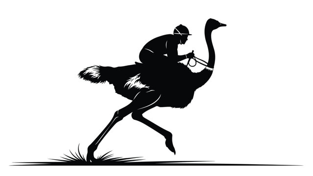 Silhouette of jockey riding ostrich in minimalist vector style isolated on white background