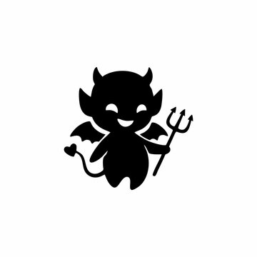 Cute Little Devil Silhouette Cartoon Character with Pitchfork and Wings - Vector Illustration
