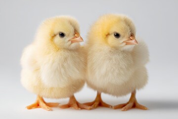 Fototapeta premium Adorable duo of newborn chicks isolated on a white surface with gentle shadows