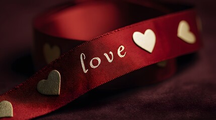 Luxury Red Ribbon with Golden Love Script and Heart Pattern. Valentine's Day and Romantic Gift Wrapping. 