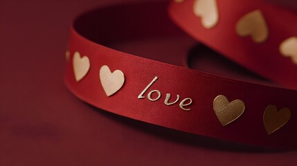 Luxury Red Ribbon with Golden Love Script and Heart Pattern. Valentine's Day and Romantic Gift Wrapping. 