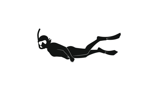 Black silhouette of a scuba diver swimming on a isolated on white background