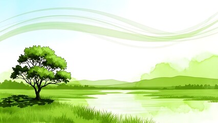 Ilustraci&oacute;n del planeta ecol&oacute;gico.
 Colinas verdes y campo con plantaci&oacute;n de &aacute;rboles a partir de manchas de acuarela, aisladas sobre un fondo blanco.
 Piensa en verde.
 Concepto de ecolog&iacute;a.
 Concienc