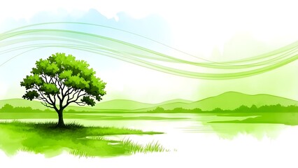 Ilustraci&oacute;n del planeta ecol&oacute;gico.
 Colinas verdes y campo con plantaci&oacute;n de &aacute;rboles a partir de manchas de acuarela, aisladas sobre un fondo blanco.
 Piensa en verde.
 Concepto de ecolog&iacute;a.
 Concienc