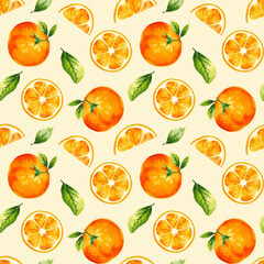 Seamless watercolor pattern with tangerines and oranges. Orange peels and halves, chanterelles. Citrus, orange fruits. for seasonal design, packaging. Vector.
